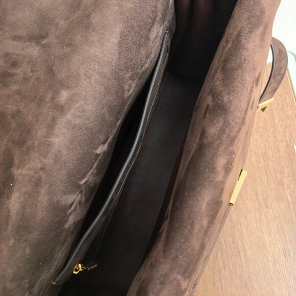 Auth Tory Burch Large Lee Radziwill Suede Shoulder Bag Dark Cocoa - Picture 3 of 9